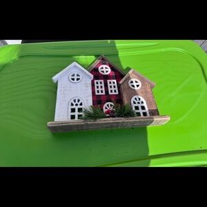 Rustic Holiday Village Decor with Red, White, and Brown Houses